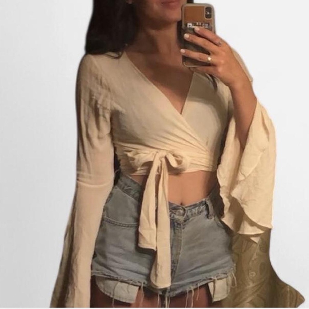 12th Tribe Cream Wrap Crop Top with Flared Bell Sleeves